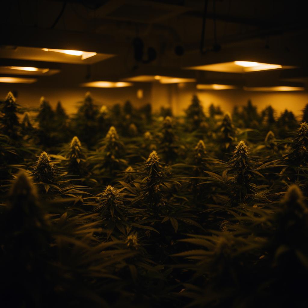 Cultivation facility with rows of plants under amber grow lights